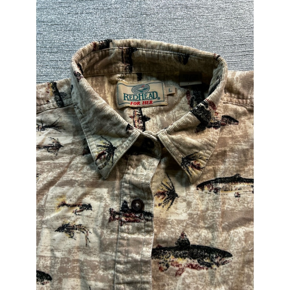 RedHead For Her Tan Corduroy Fishing Trout Lure Print Button Down Shirt Large - Picture 2 of 9